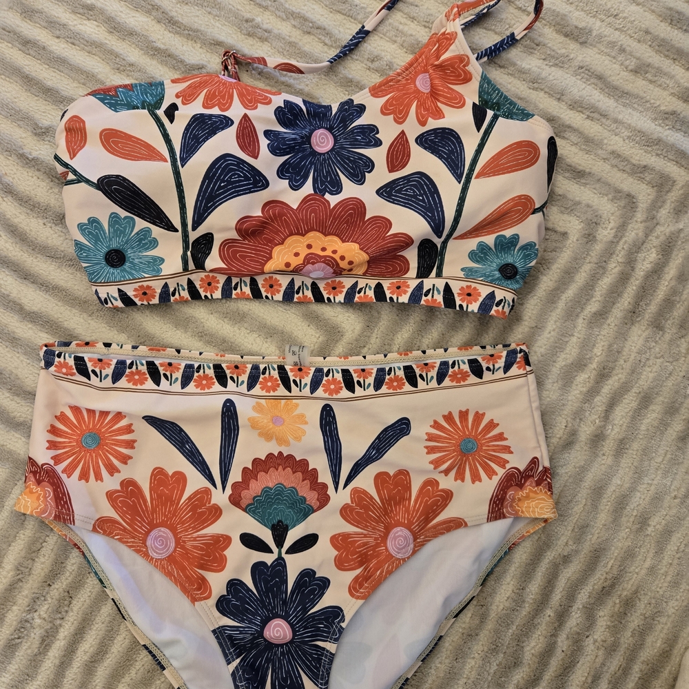 Cupshe L Floral Bikini - Red, Blue, Orange